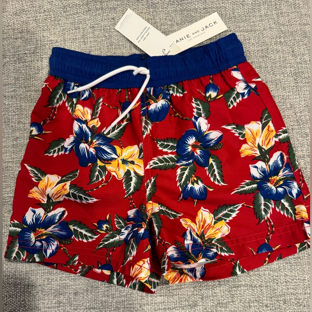 NWT. Janie and Jack Boys Red Tropical Flowers Swim Shorts